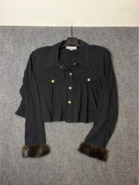 Vintage Area Code Black Cropped Jacket with Faux Fur Cuffs and Gold Button -0225